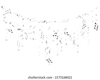 Musical notes, treble clef, flat and sharp symbols flying vector illustration. Notation melody record elements. Disco music studio background. Monochrome musical notation.