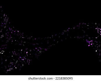 Musical Notes, Treble Clef, Flat And Sharp Symbols Flying Vector Background. Notation Melody Record Elements. Audio Album Background. Violet Musical Note.