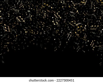 Musical notes, treble clef, flat and sharp symbols flying vector background. Notation melody record elements. Song festival backdrop. Gold melody sound notes icons.