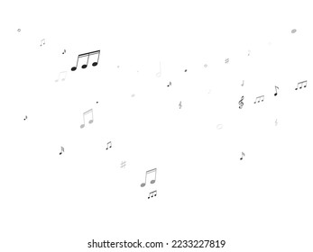 Musical notes, treble clef, flat and sharp symbols flying vector background. Notation melody record silhouettes. DJ instrument tune background. Greyscale sound recording notes.