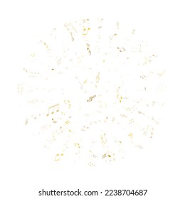 Musical notes, treble clef, flat and sharp symbols flying vector design. Notation melody record clip art. Audio album background. Gold melody sound notation.