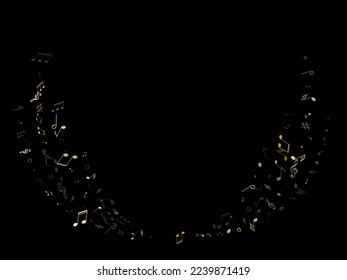 Musical notes, treble clef, flat and sharp symbols flying vector background. Notation melody record concept. Disco music studio background. Gold metallic melody sound notes.