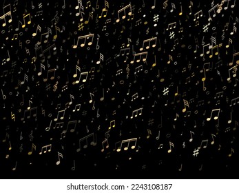 Musical notes, treble clef, flat and sharp symbols flying vector illustration. Notation melody record classic signs. Tune composition background. Gold melody sound notes.