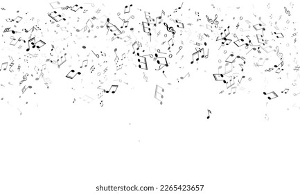 Musical notes, treble clef, flat and sharp symbols flying vector background. Notation melody record classic pictograms. Jazz music studio background. Black on white melody sound notes.