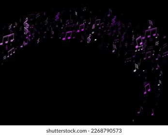 Musical notes, treble clef, flat and sharp symbols flying vector design. Notation melody record classic icons. Cartoon music studio background. Blue violet melody sound notes icons.