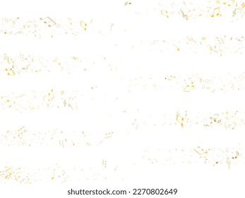 Musical notes, treble clef, flat and sharp symbols flying vector design. Notation melody record classic pictograms. Disco music studio background. Gold melody sound notes signs.