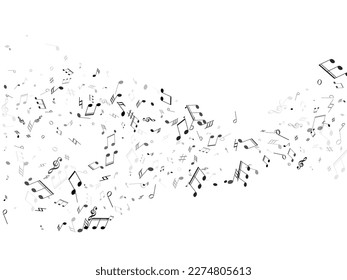 Musical notes, treble clef, flat and sharp symbols flying vector design. Notation melody record classic pictograms. Party banner background. Grayscale sound recording notes.