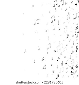 Musical notes, treble clef, flat and sharp symbols flying vector design. Notation melody record signs. Cartoon music studio background. Black on white musical note.