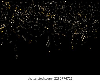 Musical notes, treble clef, flat and sharp symbols flying vector illustration. Notation melody record classic elements. Rock music studio background. Gold metallic melody sound notes icons.