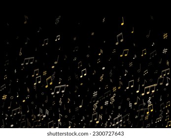 Musical notes, treble clef, flat and sharp symbols flying vector design. Notation melody record concept. Song festival background. Gold metallic melody sound notes icons.