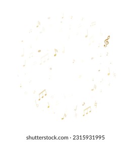 Musical notes, treble clef, flat and sharp symbols flying vector design. Notation melody record classic concept. Elecrtonic music studio background. Gold melody sound notes signs.