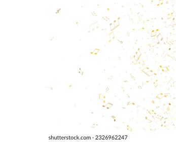 Musical notes, treble clef, flat and sharp symbols flying vector design. Notation melody record pictograms. Piano instrument tune background. Gold metallic sound recording notes.