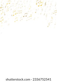 Musical notes, treble clef, flat and sharp symbols flying vector illustration. Notation melody record concept. Tune radio wave background. Gold metallic melody sound notes signs.