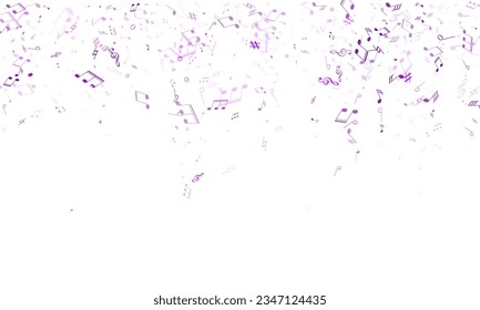 Musical notes, treble clef, flat and sharp symbols flying vector design. Notation melody record classic concept. Rock music studio background. Purple violet sound recording notes.