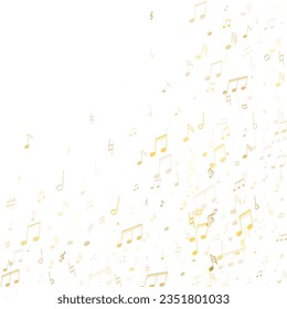 Musical notes, treble clef, flat and sharp symbols flying vector design. Notation melody record concept. Concert poster background. Gold sound recording notes.