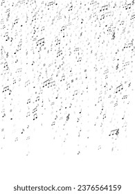 Musical notes, treble clef, flat and sharp symbols flying vector background. Notation melody record silhouettes. Disco music studio background. Greyscale melody sound notes signs.