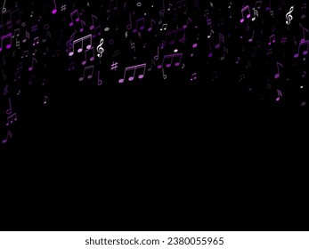 Musical notes, treble clef, flat and sharp symbols flying vector illustration. Notation melody record classic concept. Guitar instrument tune background. Ultra violet melody sound notes.