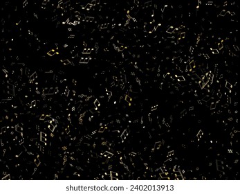Musical notes, treble clef, flat and sharp symbols flying vector design. Notation melody record pictograms. Retro music studio background. Gold metallic sound recording notes.