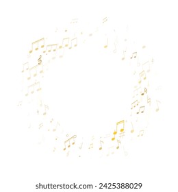 Musical notes, treble clef, flat and sharp symbols flying vector background. Notation melody record classic concept. Disco music studio background. Gold melody sound notes signs.