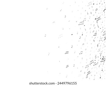 Musical notes, treble clef, flat and sharp symbols flying vector illustration. Notation melody record signs. Concert poster background. Greyscale melody sound notation.