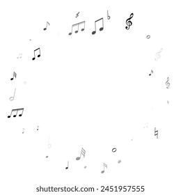 Musical notes, treble clef, flat and sharp symbols flying vector illustration. Notation melody record classic signs. Musician album background. Monochrome musical note.