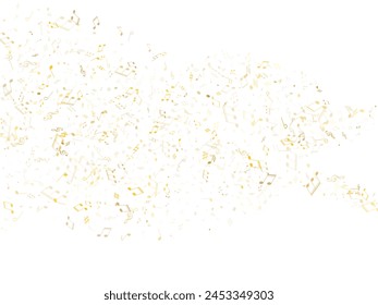 Musical notes, treble clef, flat and sharp symbols flying vector design. Notation melody record elements. Piano instrument tune background. Gold metallic musical note.