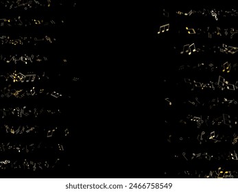 Musical notes, treble clef, flat and sharp symbols flying vector design. Notation melody record pictograms. Rock music studio background. Gold melody sound notes.