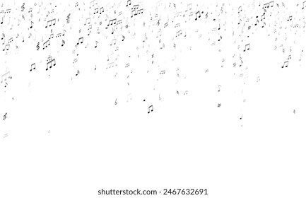 Musical notes, treble clef, flat and sharp symbols flying vector background. Notation melody record elements. Disco music studio background. Grayscale melody sound notes signs.