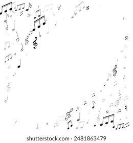 Musical notes, treble clef, flat and sharp symbols flying vector illustration. Notation melody record classic elements. Artistic music studio background. Gray scale melody sound notes icons.