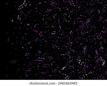 Musical notes, treble clef, flat and sharp symbols flying vector illustration. Notation melody record clip art. Futuristic music studio background. Purple violet melody sound notes icons.