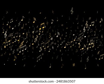 Musical notes, treble clef, flat and sharp symbols flying vector design. Notation melody record concept. Elecrtonic music studio background. Gold metallic melody sound notes signs.