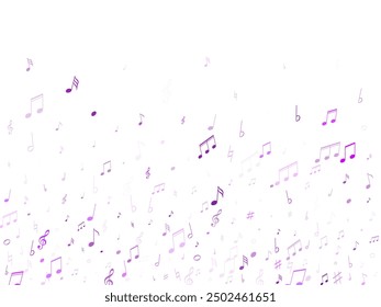 Musical notes, treble clef, flat and sharp symbols flying vector illustration. Notation melody record signs. Abstract music studio background. Violet melody sound notes signs.