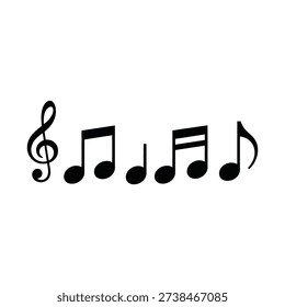 musical notes and treble clef icon set in black isolated on white background, music symbol illustration for sound design concept