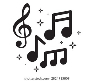 Musical notes and treble clef icon with sparkling star accents silhouette isolated creative entertainment performance instrument composition decoration acoustic rhythmic