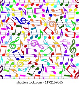 Musical notes and treble clef on a white background .Seamless pattern
