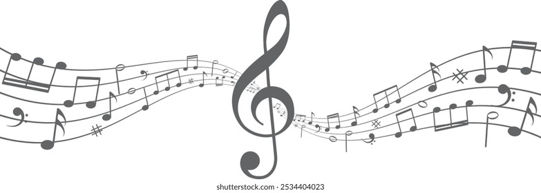 Musical notes. Treble clef on sheet music. Musical note icons.