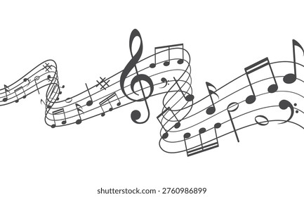 Musical notes. Treble clef on sheet music. Musical note icons.