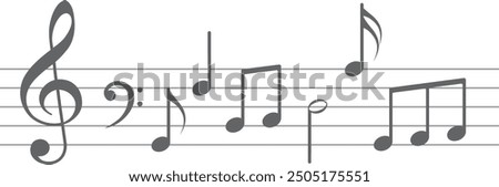 Musical notes. Treble clef on sheet music. Musical note icons.