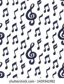 Musical notes and treble clef simple sketchy seamless vector pattern