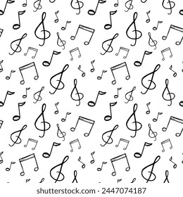 Musical notes and treble clefs in doodle style. Seamless music pattern. Drawing a sketch by hand.