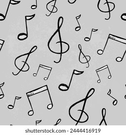 Musical notes and treble clefs on a square gray background in doodle style. Seamless music pattern. Drawing a sketch by hand.