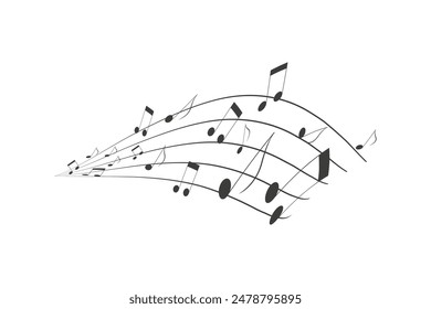 Notas musicales y claves de agudos sobre pentagramas ondulados fondo de Vector