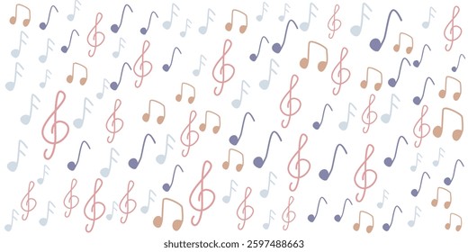 musical notes and treble clefs pattern with soft pastel colors on transparent background