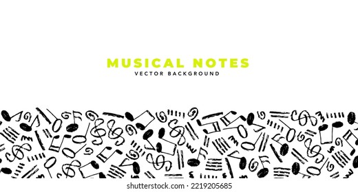 Fondo vectorial de notas musicales. Plantilla horizontal con un color de elementos musicales dibujados a mano y espacio de copia.