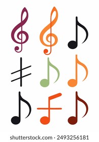 Notas musicales iconos vectoriales, símbolos negros, fondo blanco. Melodía, armonía, Elementos de diseño de música para el Web, App. Estilo elegante, agudos, bajos, cuarto, octavo, decimosexto notas