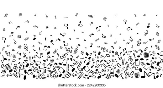 Vector de notas musicales de fondo transparente. Plantilla horizontal con un patrón de borde de elementos musicales dibujados a mano de un color.