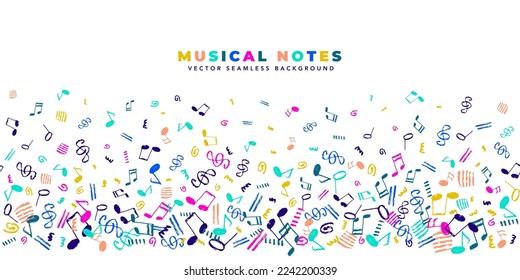 Musical notes vector seamless background. Horizontal template with copy spacy and colorful hand-drawn musical elements border pattern.