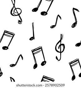 musical notes, vector seamless pattern, hand drawn, sketch style