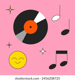 musical notes, vinyl. Retro vintage styled concert or festival or party flyer or poster design template. Retro party poster.
