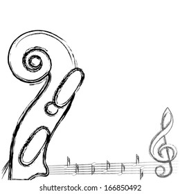 Musical notes with violin background on white. Vector illustration